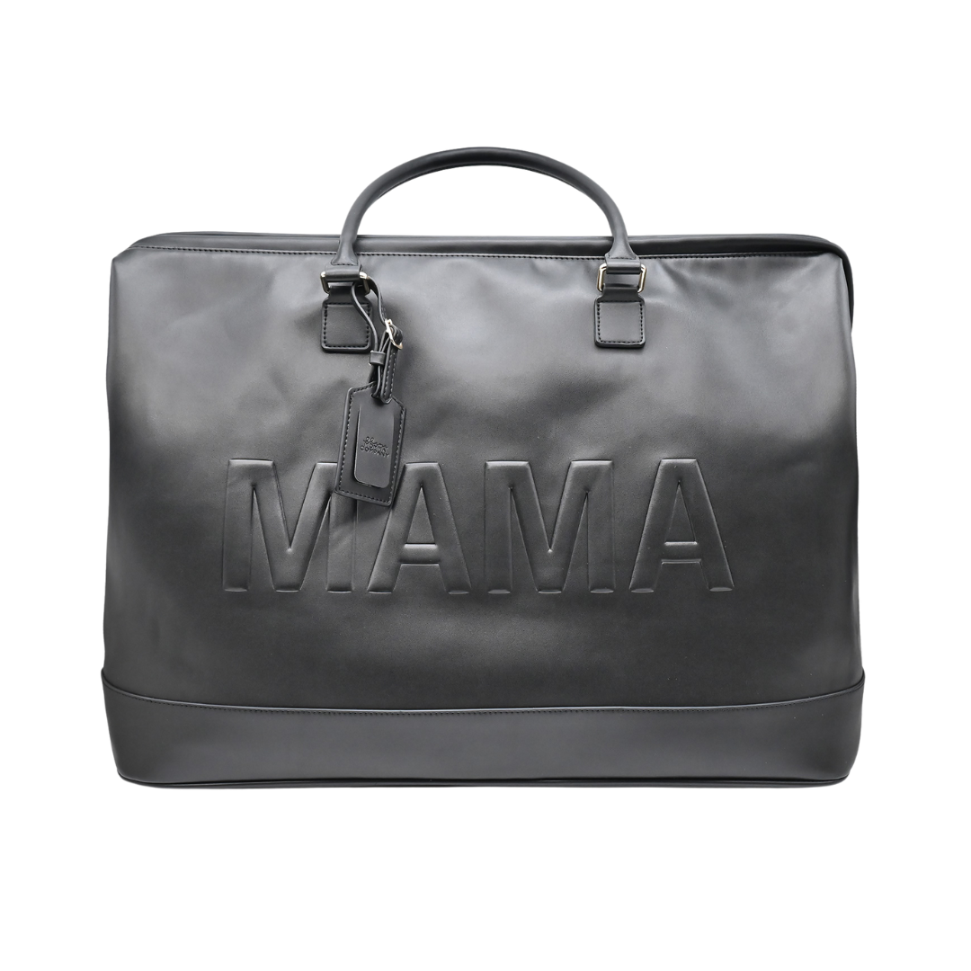 black vegan leather duffel with MAMA embossed