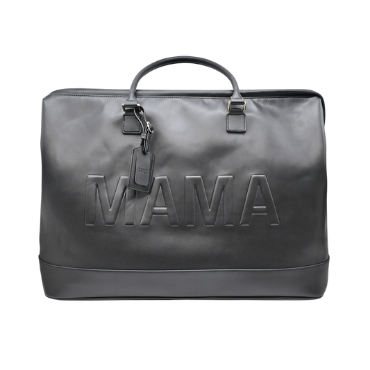 black vegan leather duffel with MAMA embossed