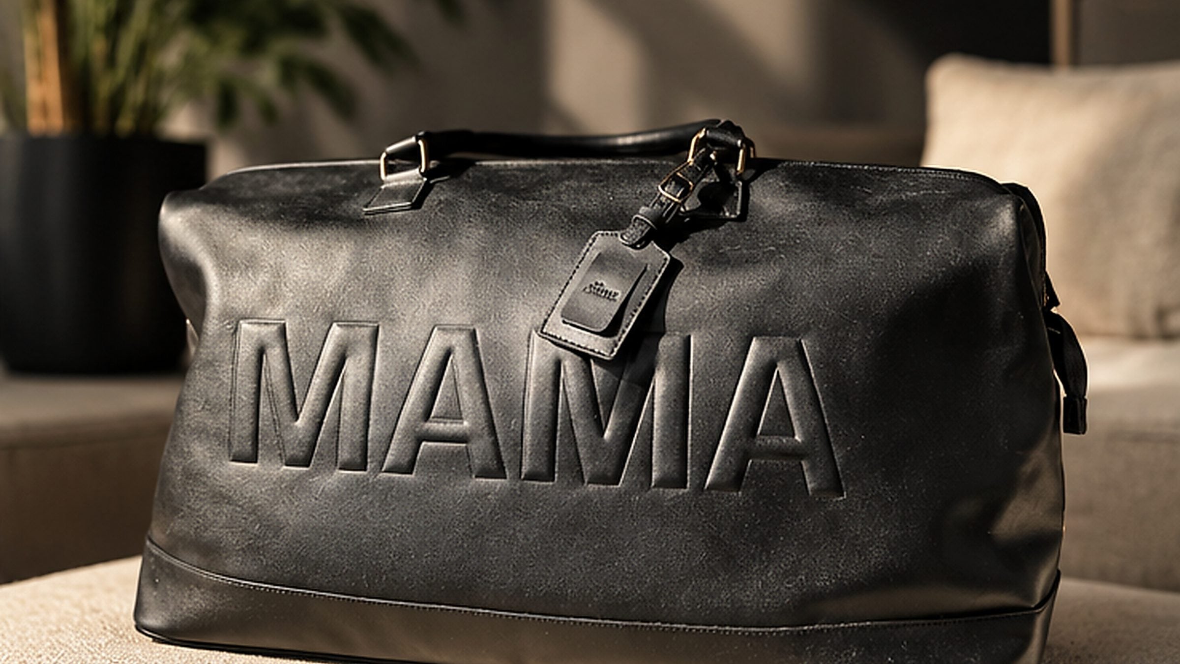 The black MAMA Weekender with its leather tag in warm evening light