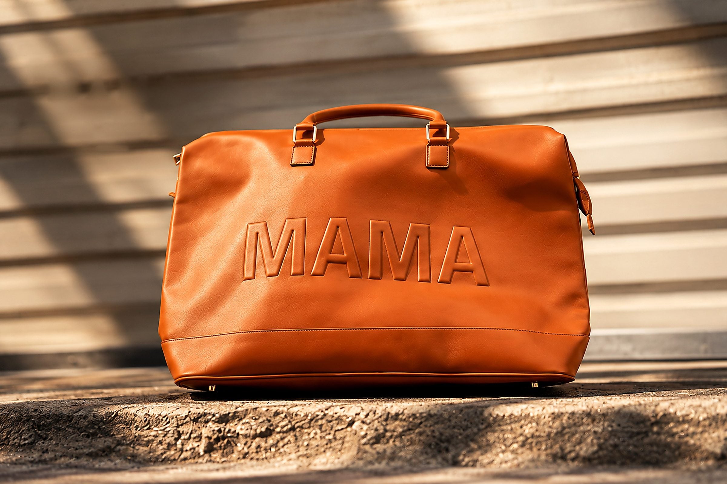 The cognac MAMA Weekender on a sunlit concrete step in morning light